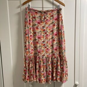 Esqualo Floral Front Button Ruffle Hem Midi Skirt Pink Red Size 12 Large